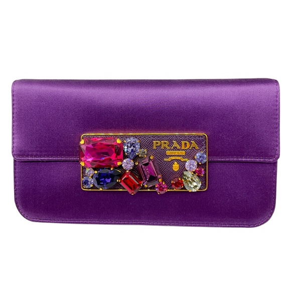 PRADA VIOLA RASO STONES JEWELED SATIN CLUTCH BAG - Picture 1 of 16